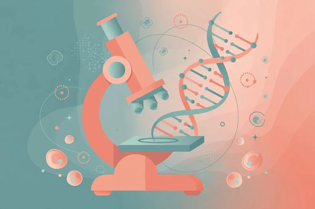 Editorial illustration of a microscope and DNA helix symbolising women's health research