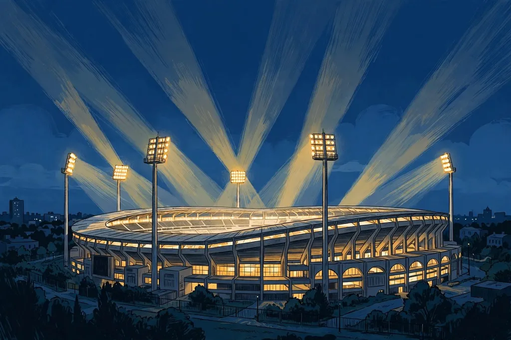 Illustration of a floodlit football stadium at night under a dark blue sky