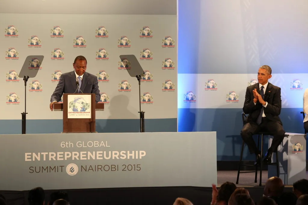 Former Kenyan president Uhuru Kenyatta speaking at a podium during the 2015 Global Entrepreneurship Summit in Nairobi.