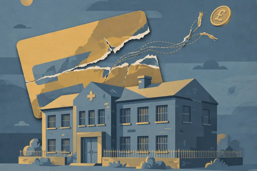 Editorial illustration of a secure hospital with barred windows beneath a torn welfare benefits card and a pound coin, symbolising the end of benefits for serious offenders detained in hospital