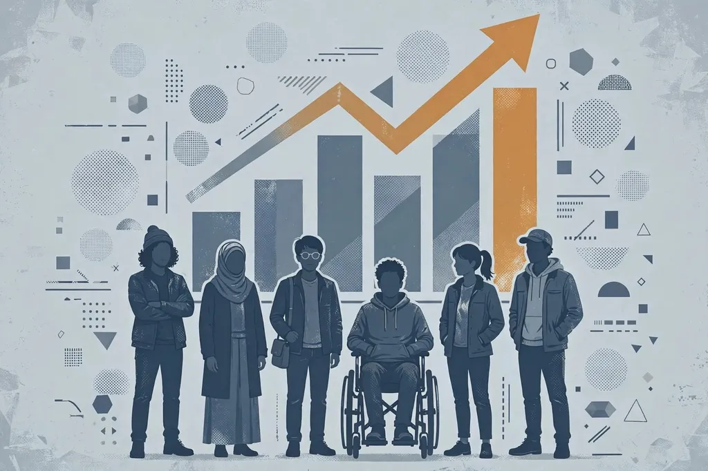 Editorial illustration of diverse people standing before a rising chart