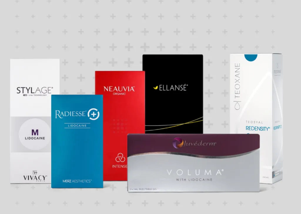 Boxes of branded dermal filler products including Radiesse, Neauvia, Ellanse, Stylage, Juvederm Voluma and Teoxane