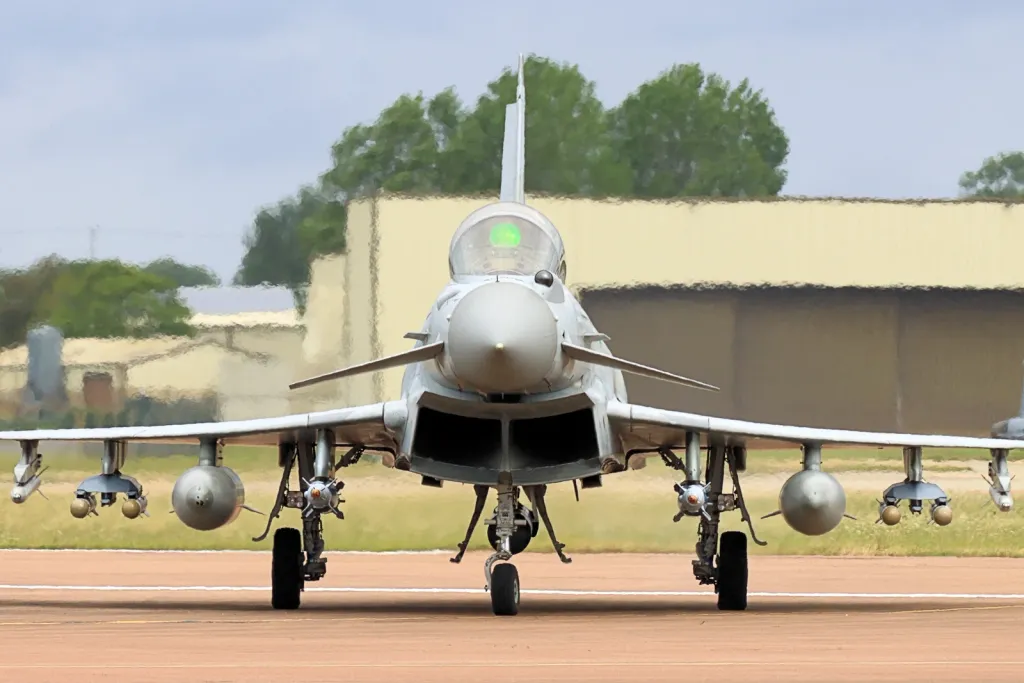 An RAF Eurofighter Typhoon fighter jet in flight