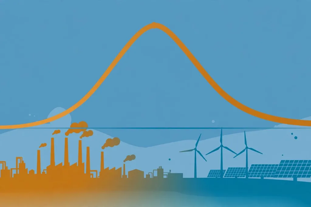 An editorial illustration showing a rising global temperature curve overshooting a 1.5°C marker and bending back down, over a silhouette of factories and wind turbines.