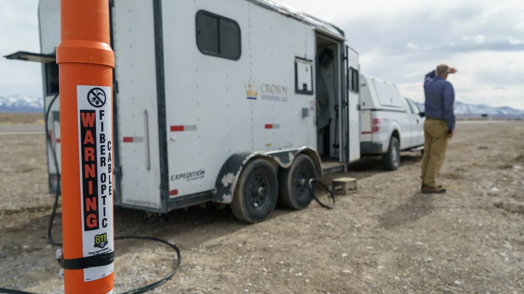 Fibre-optic construction in rural Utah: an orange warning marker post for fibre-optic cable beside a utility crew's splicing trailer and work vehicles on desert terrain.