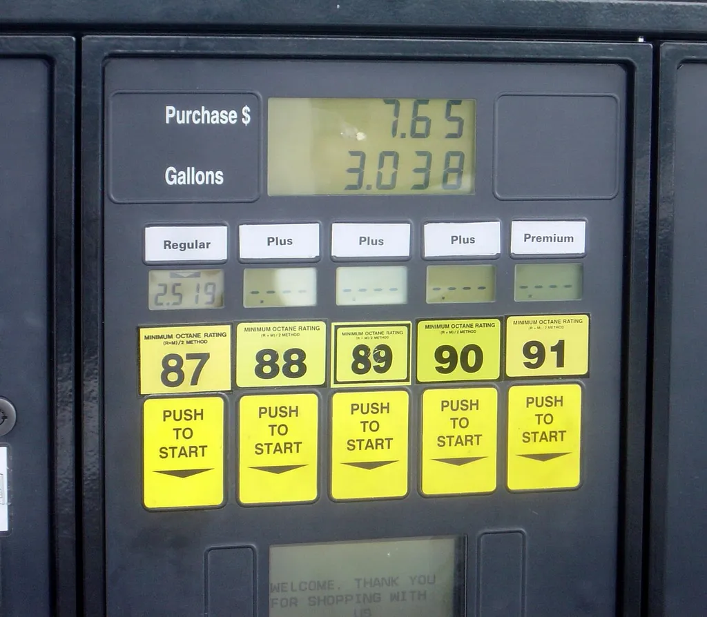 Close-up of a petrol pump display showing purchase price, gallons and octane ratings