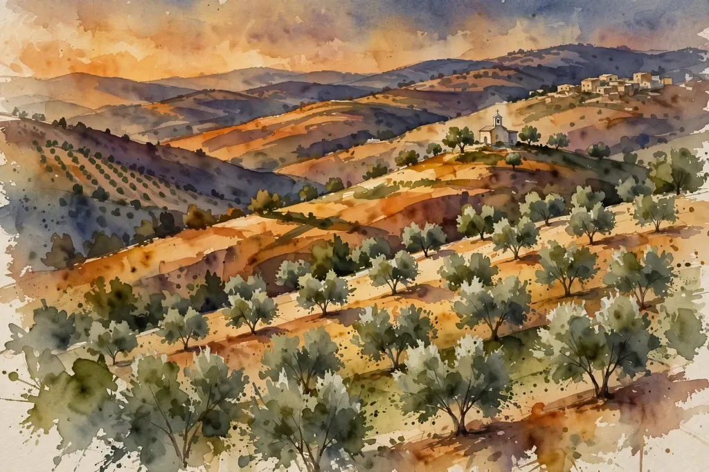 Watercolour illustration of a West Bank olive grove hillside, no people.