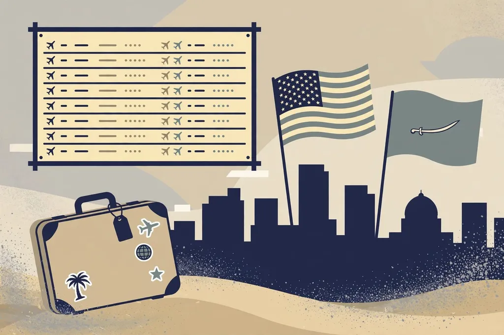 Illustration of a departure board, a suitcase and US and Saudi flags against an abstract city skyline.