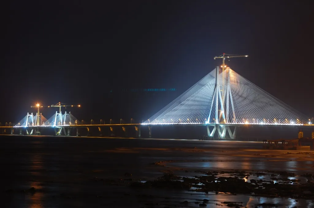 The Bandra-Worli Sea Link in Mumbai illuminated at night