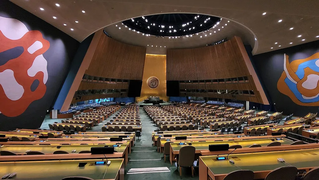 The United Nations General Assembly hall in New York, rows of delegate desks facing the podium under the domed ceiling.