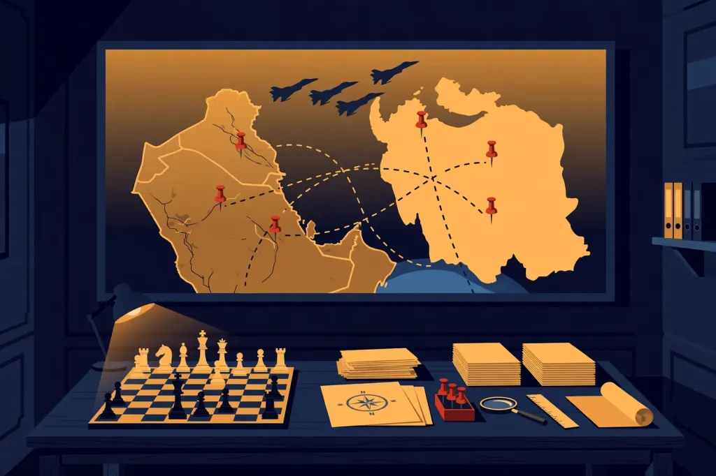 Stylised editorial illustration of a war-planning room with a glowing map, strike pins and dashed flight paths, jet silhouettes and a chess board