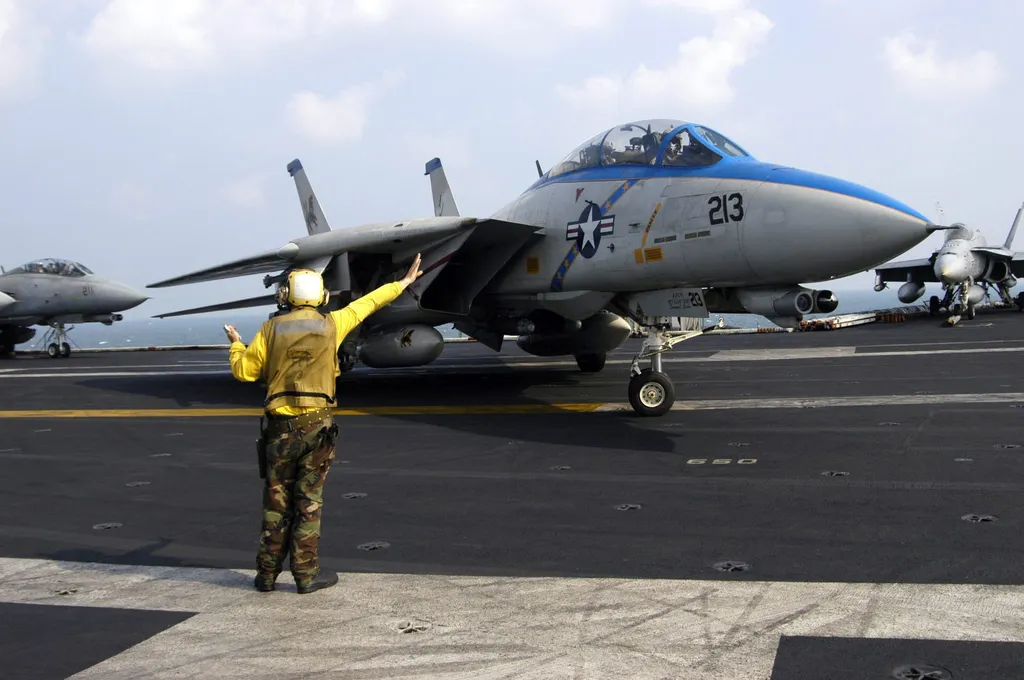A US Navy F-14D fighter jet (VF-213, aircraft number 213) on an aircraft carrier flight deck, with a yellow-shirt crew member signaling to the pilot
