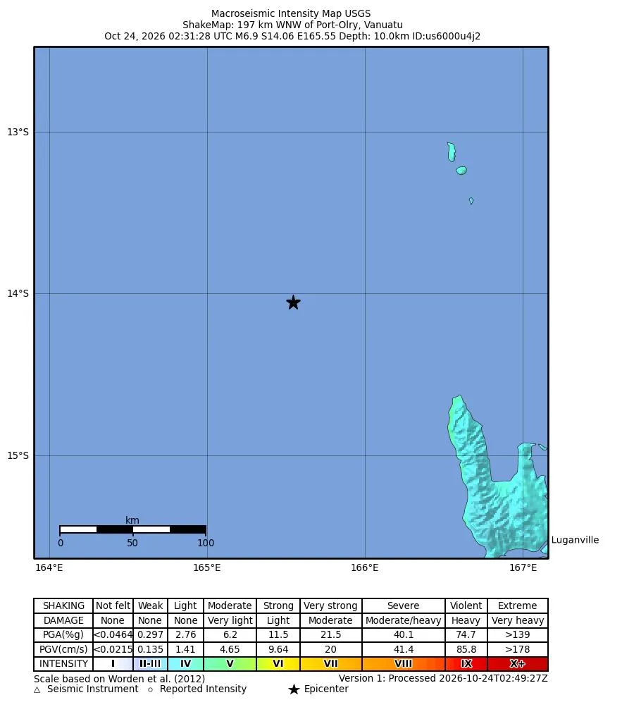 USGS ShakeMap for the 24 October 2026 magnitude 6.9 Vanuatu earthquake, with the epicentre marked 197 km west-northwest of Port-Olry at 10 km depth