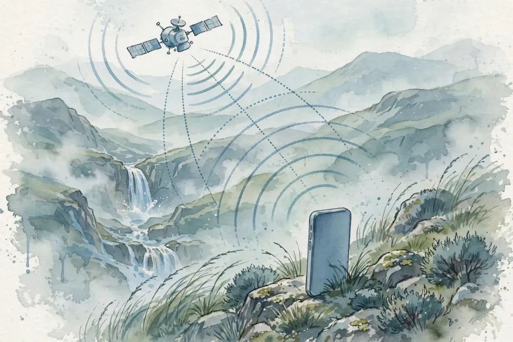 Illustration: a satellite beaming signal arcs down to a smartphone on a misty Welsh mountainside during Virgin Media O2’s O2 Satellite demonstration in Snowdonia.