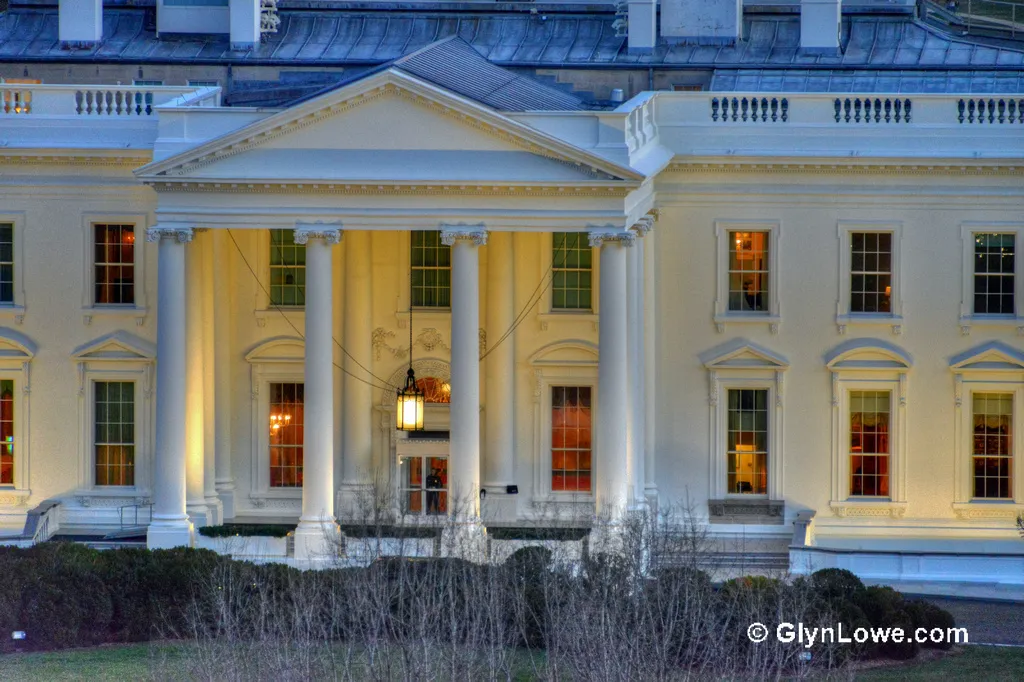 The White House north portico exterior at dusk