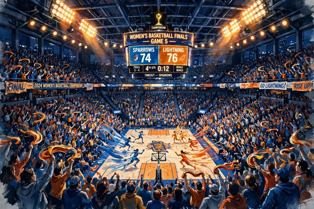 Illustration: a packed basketball arena during a WNBA Finals game, seen from the upper deck with glowing floodlights and a scoreboard overhead