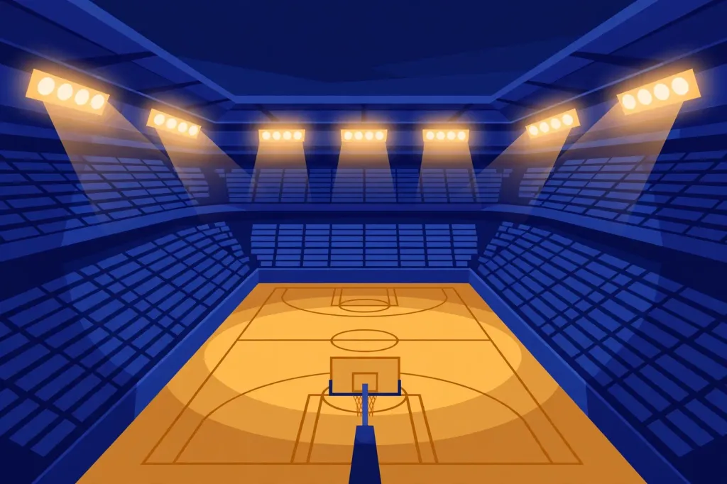 Illustration: an empty basketball arena under floodlights, with a court and hoop seen from the upper deck. (Illustration: Flip News / AI-generated)