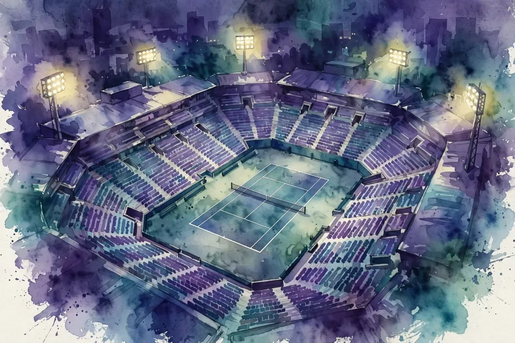 Illustration: a floodlit tennis stadium under night lights during the Wuhan Open final