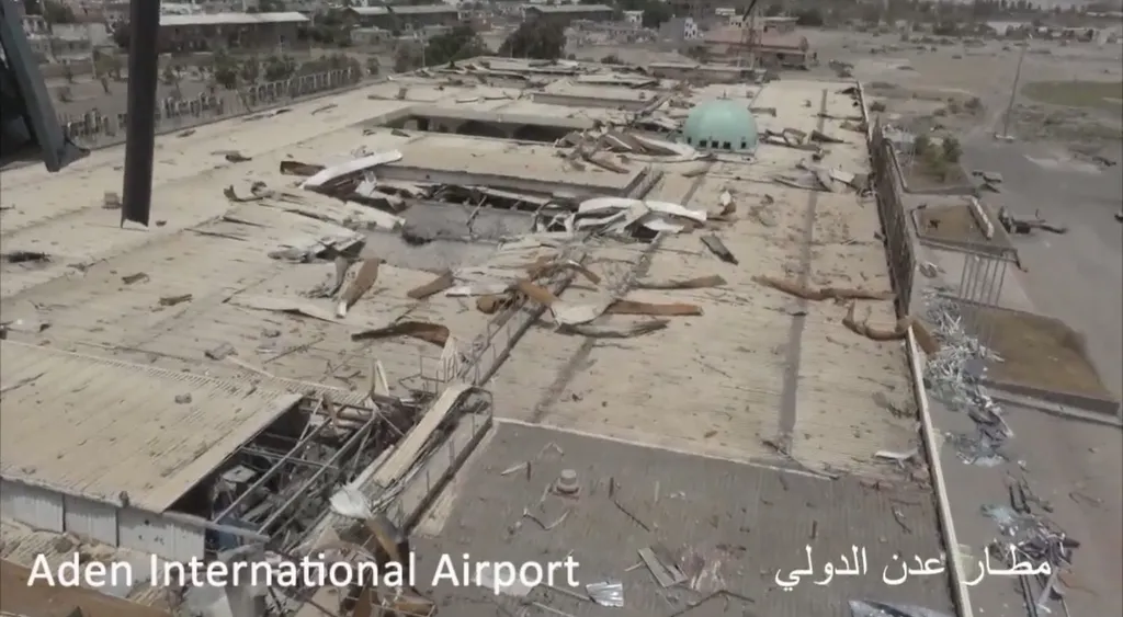 Aden International Airport terminal, pictured in July 2017 after earlier fighting (file photo)