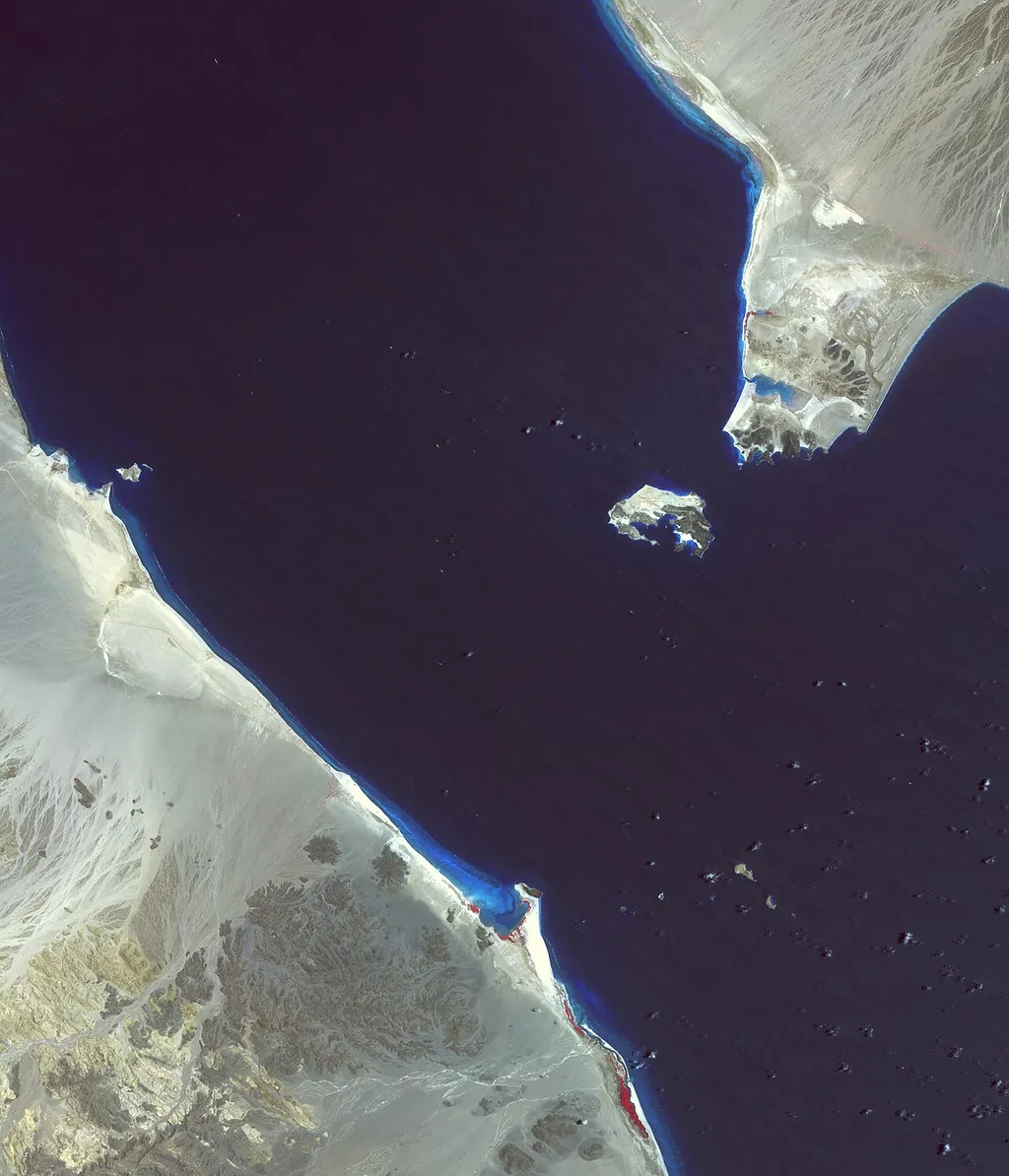 Satellite view of the Bab el-Mandeb Strait between Africa and Arabia.